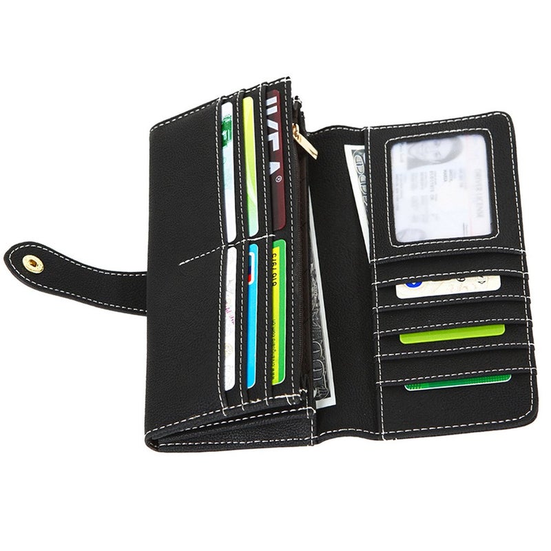 Cynure Women's Vegan Leather 17 Card Slots Card Holder Long Big Bifold Wallet Black - Image 3